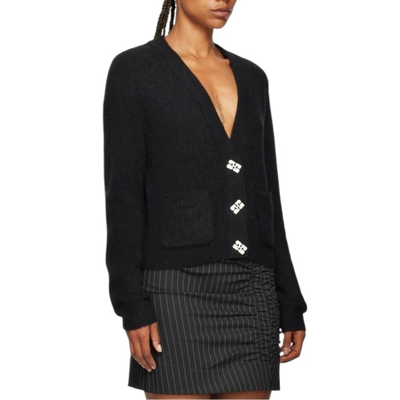 GANNI Black Crystal-Cut Diamond Button Wool Knit Loose Fit Cardigan Sweater Top - Picture 2 of 13